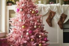 20 a pink Christmas tree decorated with white, gold and hot pink ornaments is a lovely idea for a delicate vintage space