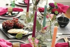 44 a tablescape with lots of pinks, greens, metallics, and natural textures for a bright and beautiful celebration