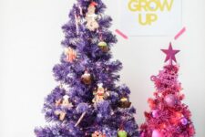a duo of pretty Christmas trees – a purple and a pink one, with food-themed ornaments and heart-shaped ones