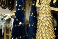 navy and gold cone Christmas trees made with sequins and gold stars are amazing for stylish and glam Christmas decor