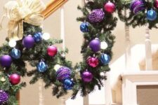 purple is a jewel tone and looks great with other jewel tones, especially when they are strung along the banister