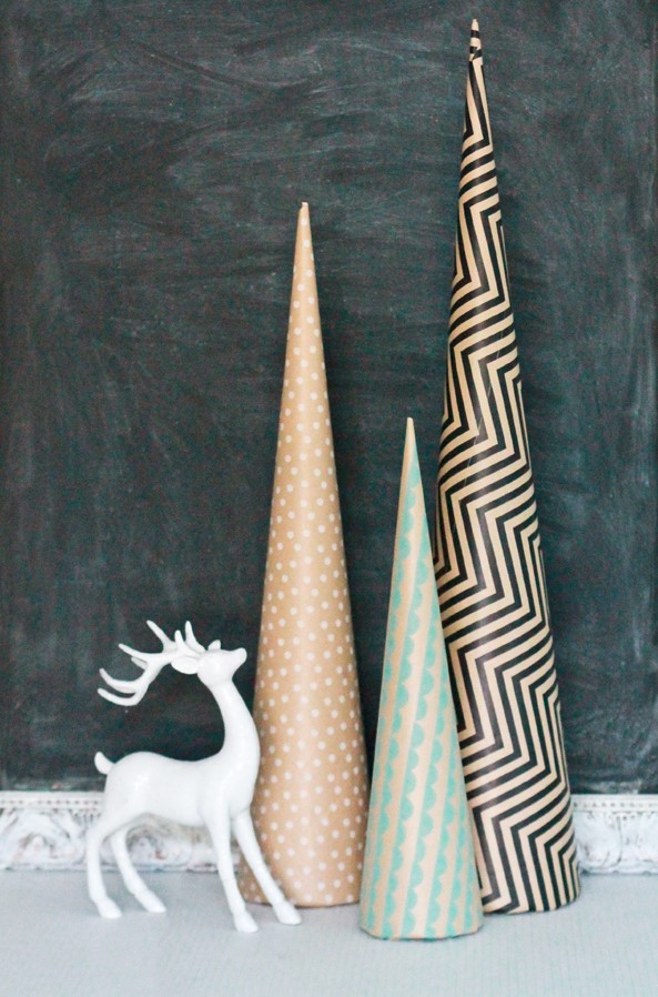 Simple printed paper cone shaped Christmas trees are great as alternative tabletop Christmas trees, they look cool and chic