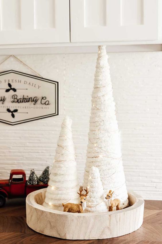 Super simple white yarn cone shaped Christmas trees decorated with twinkle lights and deer are great and easy to make