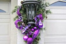 your outdoor lights will look great with silver purple Christmas decorations, use ribbon and balls with your greenery for a great look