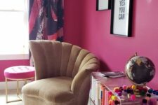 04 a bright magenta home office with bold curtains, a neutral chair, an acrylic storage unit, layered rugs and a hot pink stool