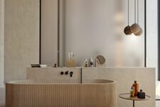 05 a neutral Japandi bathroom with natural stone, wood, a tub clad with wood, pendant lamps and a side table