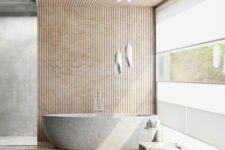 08 a neutral Japandi bathroom with a glazed wall, an oval stone tub, wooden slabs that cover the wall and ceiling and an upholstered bench