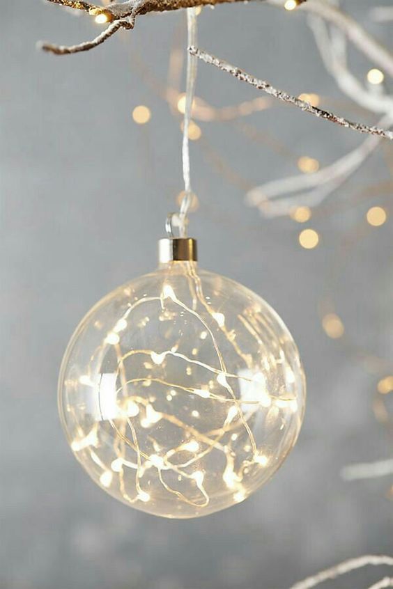 A clear glass Christmas ornament with lights is a cool idea   such decor will make your tree sparkle