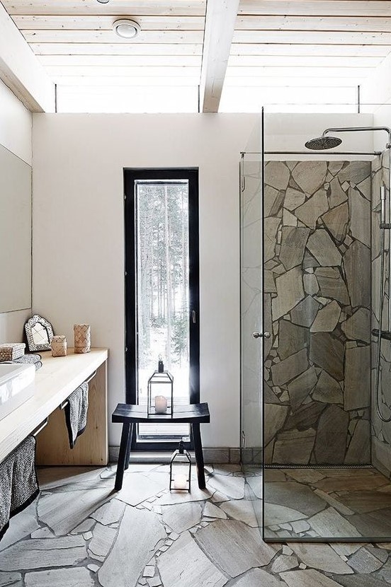 a minimalist bathroom with a floor and a shower space clad with stone plus a sleek modern vanity