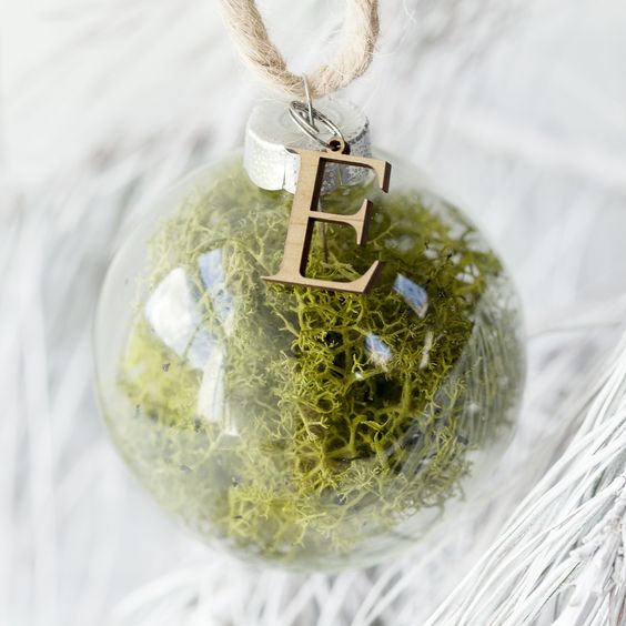 A moss filled clear glass Christmas ornament with a wooden monogram on top is a cool woodland decoration for your tree