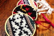 37 an assortment of colorful knit Christmas ornaments made using embroidery hoops – you may knit them or upcycle your old sweaters
