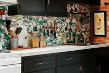 39 such a bold wallpaper backsplash is a great idea to add color to a monochromatic kitchen