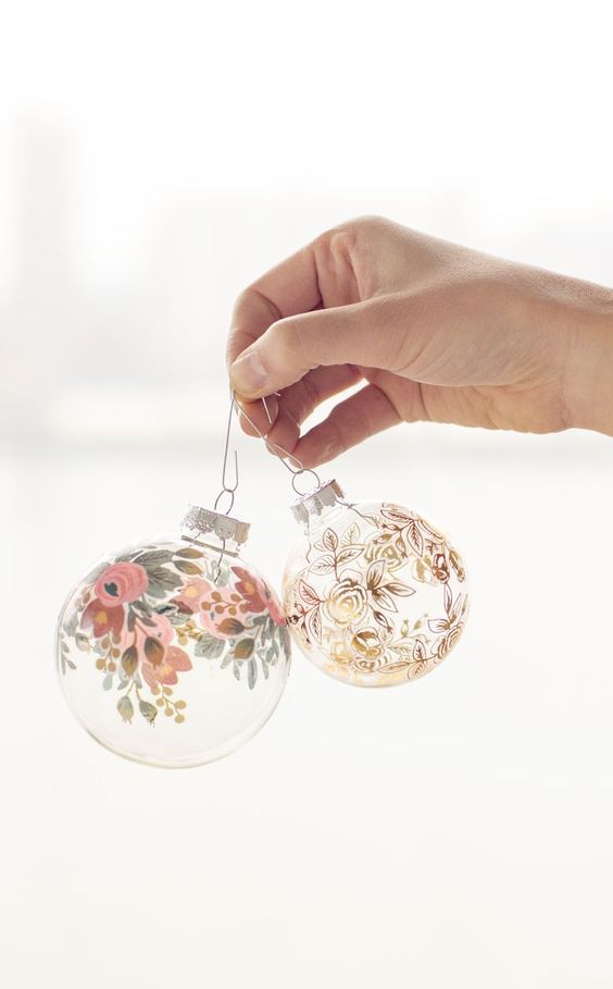 Clear glass Christmas ornaments decorated with paints   floral patterns here and there