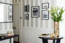50 traditional grey and white vertical stripes like these ones are great for making your ceilings look higher, and white paneling adds elegance here