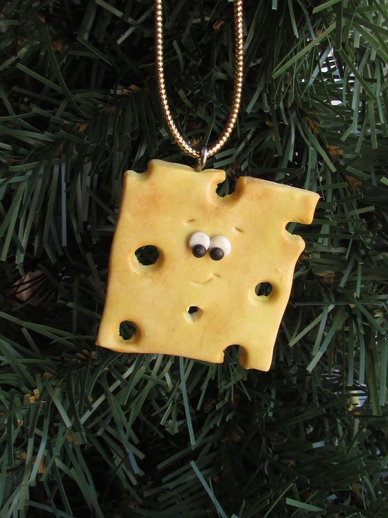 a funny cheese piece ornament of clay is an adorable idea to style your green Christmas tree, and you can DIY it