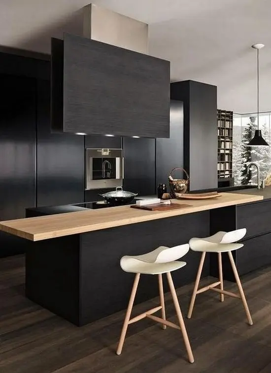 A contemporary black kitchen with sleek cabinets, built in appliances, a light colored wood countertop and a black hood