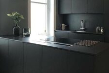 15 a minimalist black kitchen with sleek cabinets and a sleek kitchen island plus a black backsplash and countertops