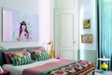 36 a colorful boho bedroom with bright boho bedding, turquoise curtains, fuchsia nightstands and a green bed plus a bright artwork