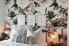 48 a pretty neutral bedroom with a floral accent wall, a bed with neutral boho bedding, stained nightstands and table lamps