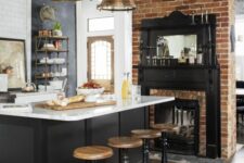 53 an industrial kitchen with a built-in fireplace, a black kitchen island with a white countertop, tall vintage stools and brass pendant lamps