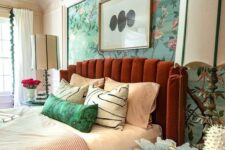 66 a rust-colored padded headboard continues the bright color scheme and completes the space perfectly