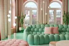 a pastel living room with pink walls, a blush ceiling, a green floor, pink and green quirky furniture and lamps