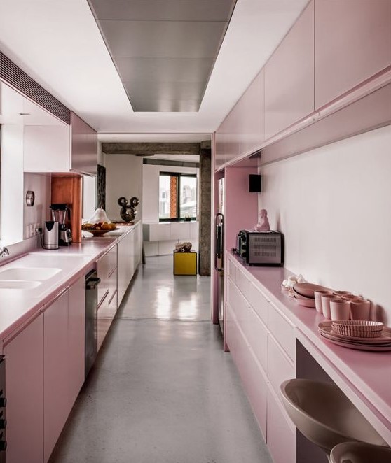A pretty rose galley kitchen with sleek cabinets and everything built in looks very cute and very chic