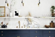 a cozy blue and white kitchen design