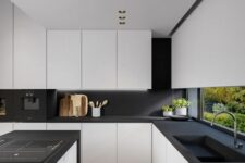 an ultra-minimalist black and white kitchen with sleek matte cabinets and black countertops and a backsplash is jaw-dropping