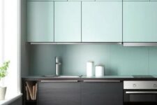 06 a dark stained wood and mint kitchen with a mint backsplash looks very contrasting and unusual