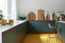 a cute colorful kitchen design without upper cabinets