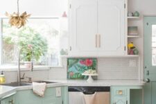 a cute kitchen with a penny tile backsplash
