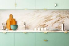 a cute two-tone kitchen design in pastel shades