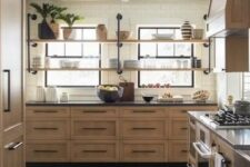 49 a stained kitchen with shaker style cabinets, black stone countertops and black handles, long open shelves instead of upper cabinets is cool
