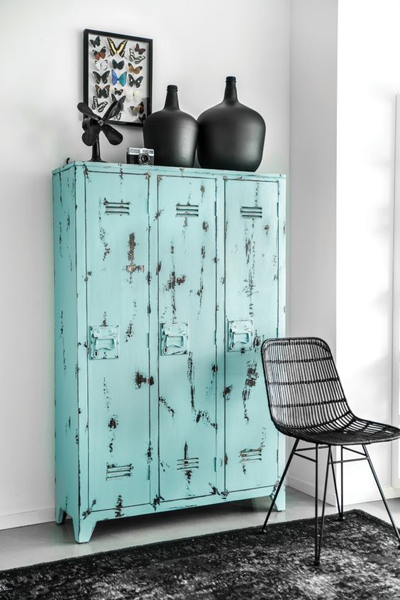 Bold turquoise lockers with a shabby chic touch are an amazing idea to add a bit of color and a wabi sabi feel