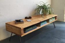 15 a console table with a storage compartment, with hairpin legs and some books plus a potted plant for a mid-century modern space