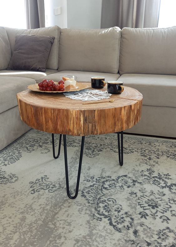 a tree slice coffee table on hairpin legs will add a rustic feel to the space and will make it cozier and lovelier