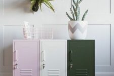16 an arrangement of pink, creamy and dark green lockers is a stylish storage idea for any space, and the colors will add eye-catchiness