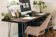 20 a dark-stained shared desk with hairpin legs and grey chairs, potted plants, a table lamp is a great space