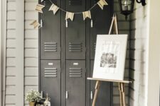 25 a porch with graphite grey lockers, a ladder, an artwork, greenery, buntings and rubber boots – store outdoor stuff in these lockers