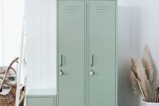 32 a set of light green skinny lockers is a lovely idea for a Scandinavian space, it’s a delicate touch of color