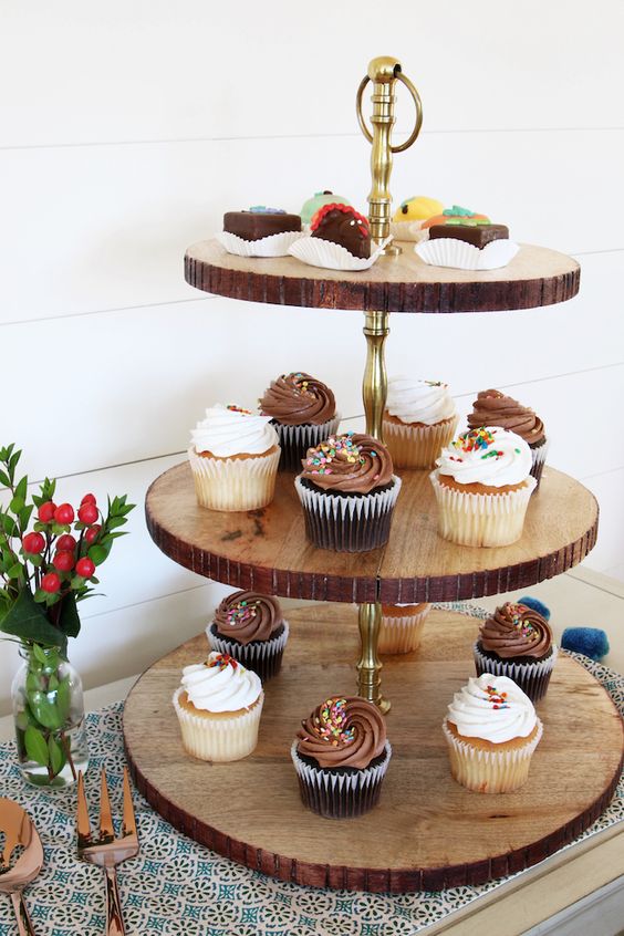A three tier tree slice stand is great for serving desserts, it's a very cool rustic piece for your home