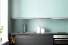 a dark stained wood and mint blue kitchen with a mint backsplash looks very contrasting and unusual