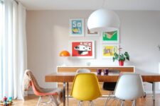 a colorful dining room with cool chairs
