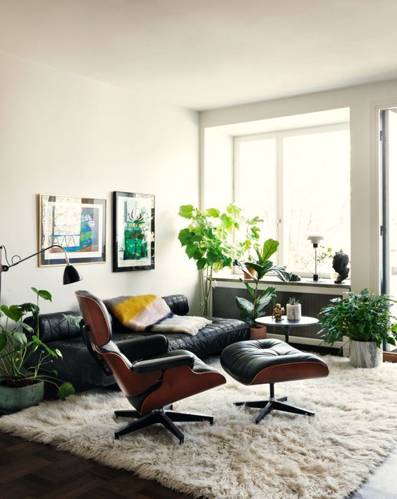 A welcoming mid century modern living room with a black leather sofa, a black Eames lounger and ottoman, potted greenery and a fluffy rug