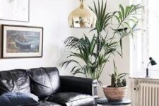 69 a gorgeous contemporary living room with a black leather sofa, stacks of books, potted plants and a chic gallery wall