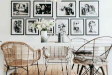 a lovely dining room with b&w gallery wall