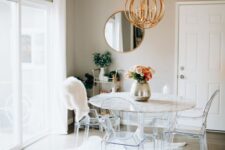 a stylish dining space with a small cart