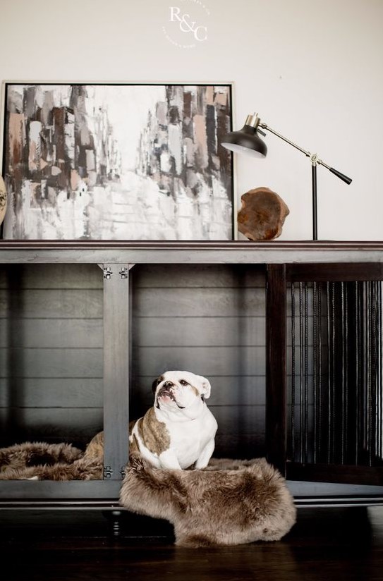 A chic graphite grey console table with a built in dog crate with faux fur is a stylish idea for a modern space