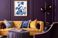 a stylish living room with a yellow sofa